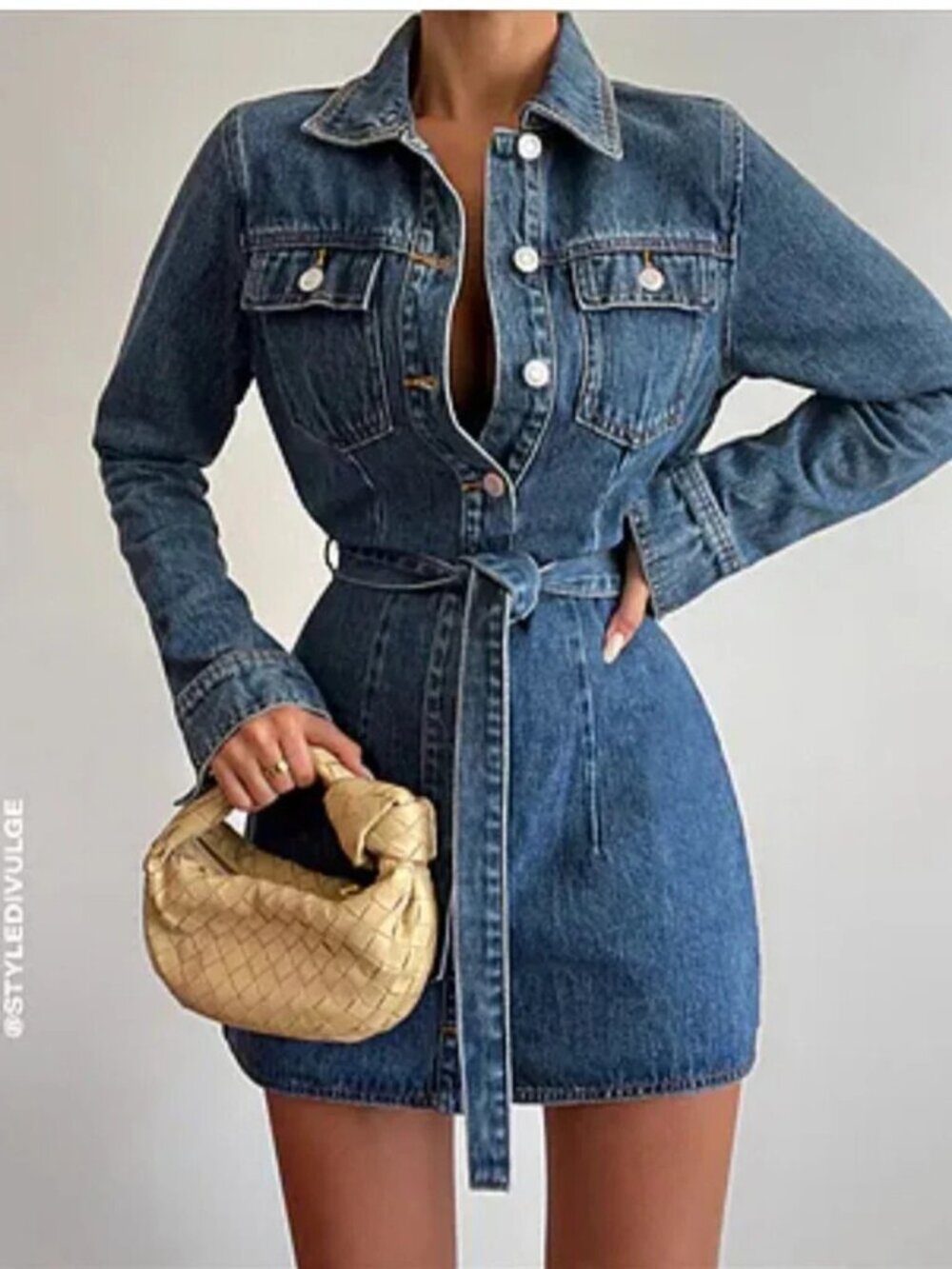 ZARA Dark Blue Denim Button-Front Jacket Dress with Tie - Sz Large